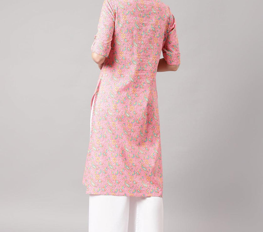 Divena Pink and Green Cotton Katha work Straight Kurta - divena world