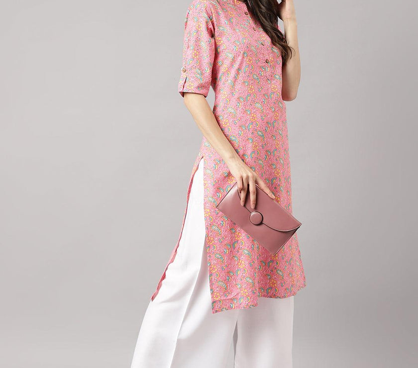 Divena Pink and Green Cotton Katha work Straight Kurta - divena world