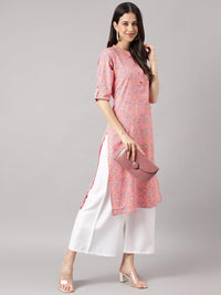 Divena Pink and Green Cotton Katha work Straight Kurta - divena world