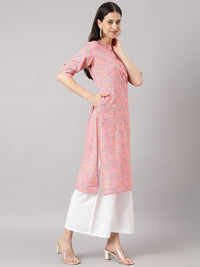 Divena Pink and Green Cotton Katha work Straight Kurta - divena world