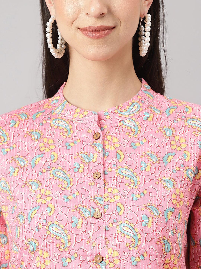 Divena Pink and Green Cotton Katha work Straight Kurta - divena world