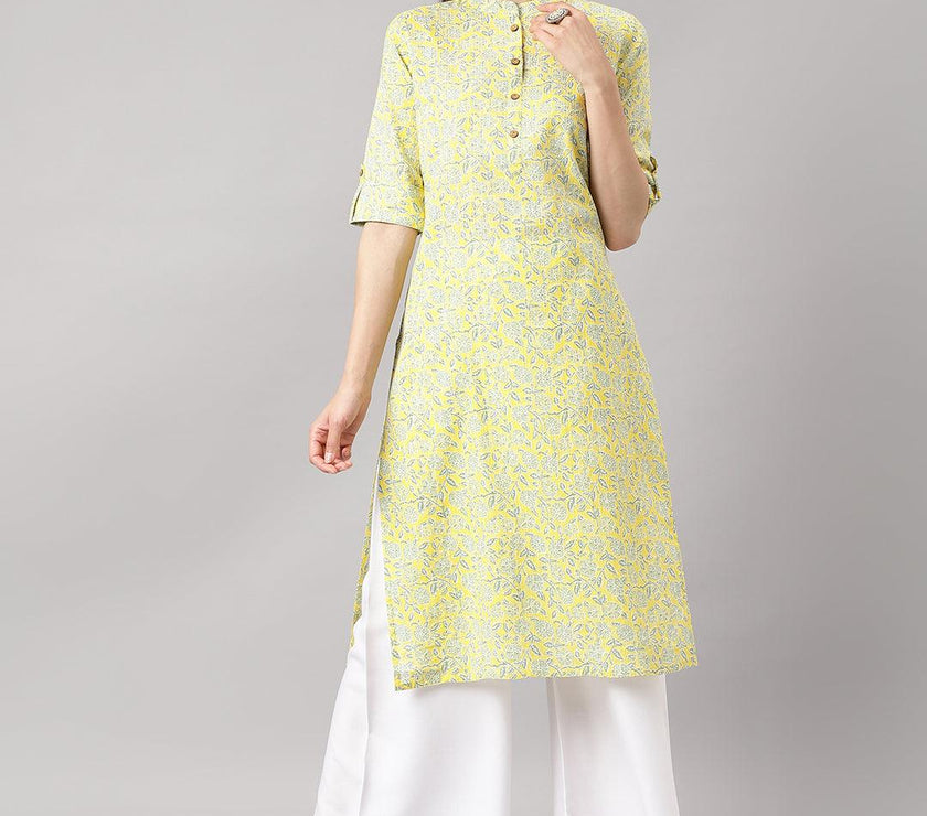 Divena mustard and Gray Cotton Katha work Straight Kurta - divena world