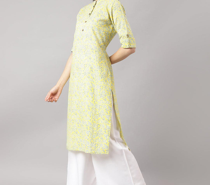 Divena mustard and Gray Cotton Katha work Straight Kurta - divena world