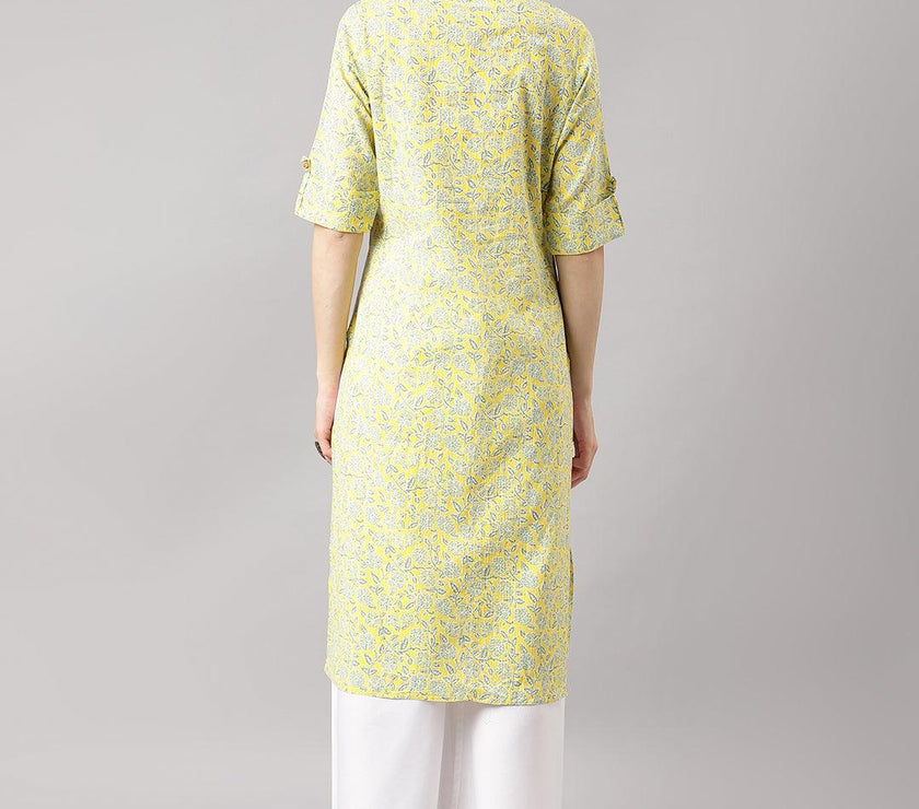 Divena mustard and Gray Cotton Katha work Straight Kurta - divena world