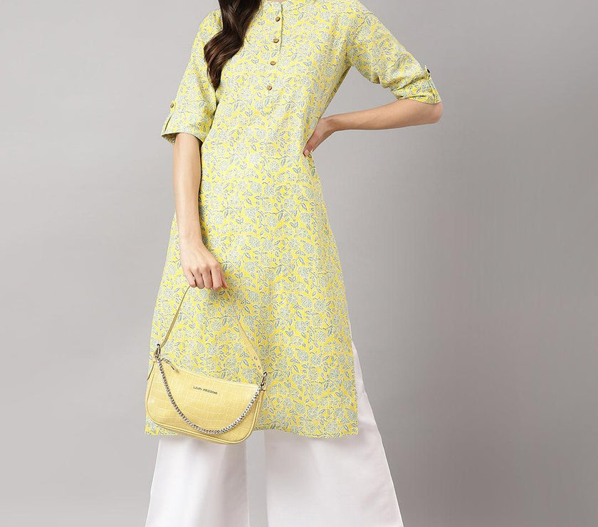 Divena mustard and Gray Cotton Katha work Straight Kurta - divena world