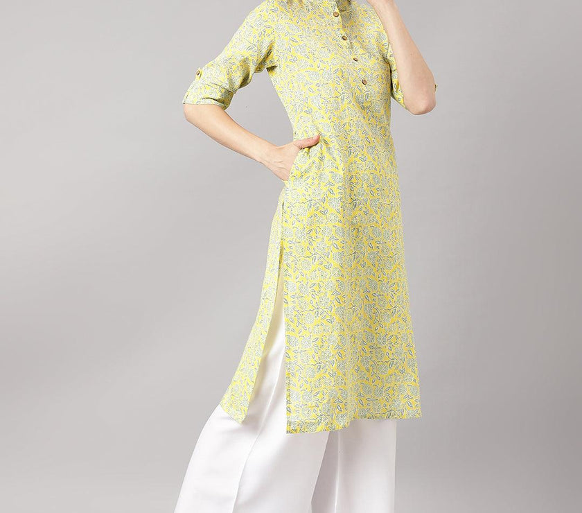 Divena mustard and Gray Cotton Katha work Straight Kurta - divena world