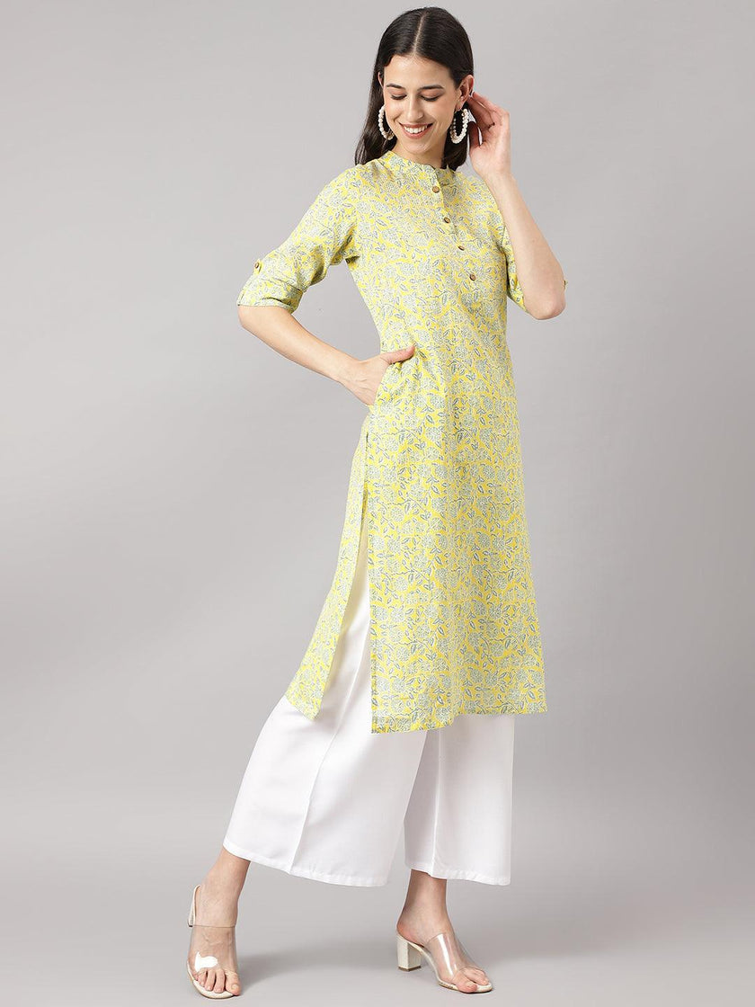 Divena mustard and Gray Cotton Katha work Straight Kurta - divena world