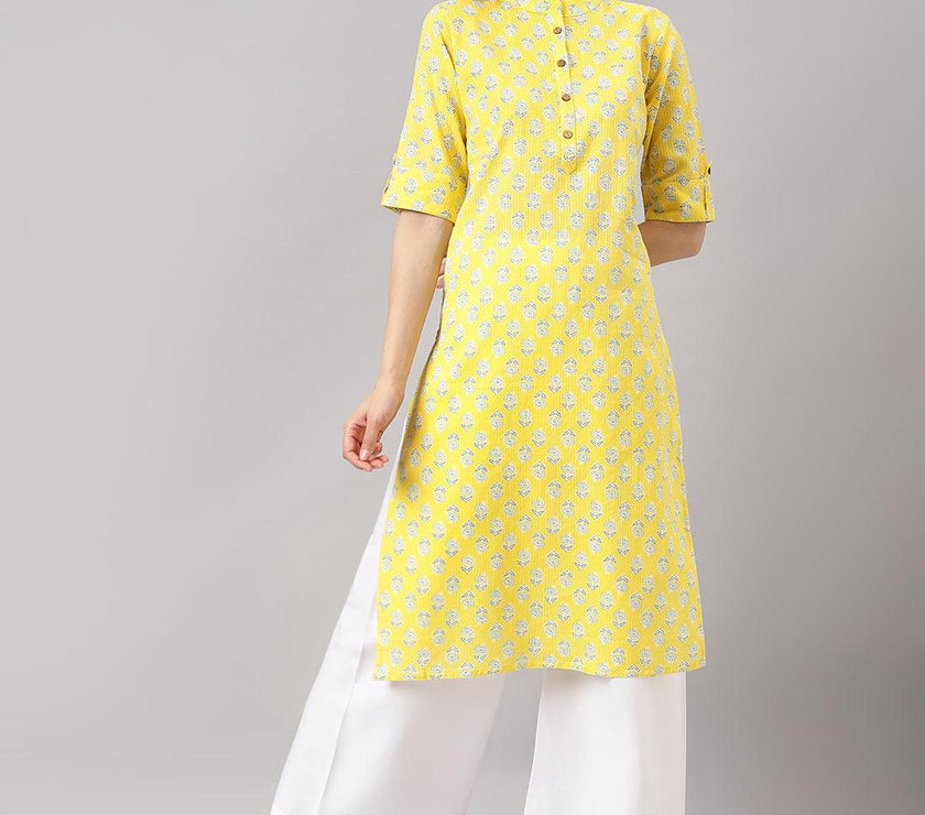 Divena Yellow Cotton Katha work Straight Kurta - divena world