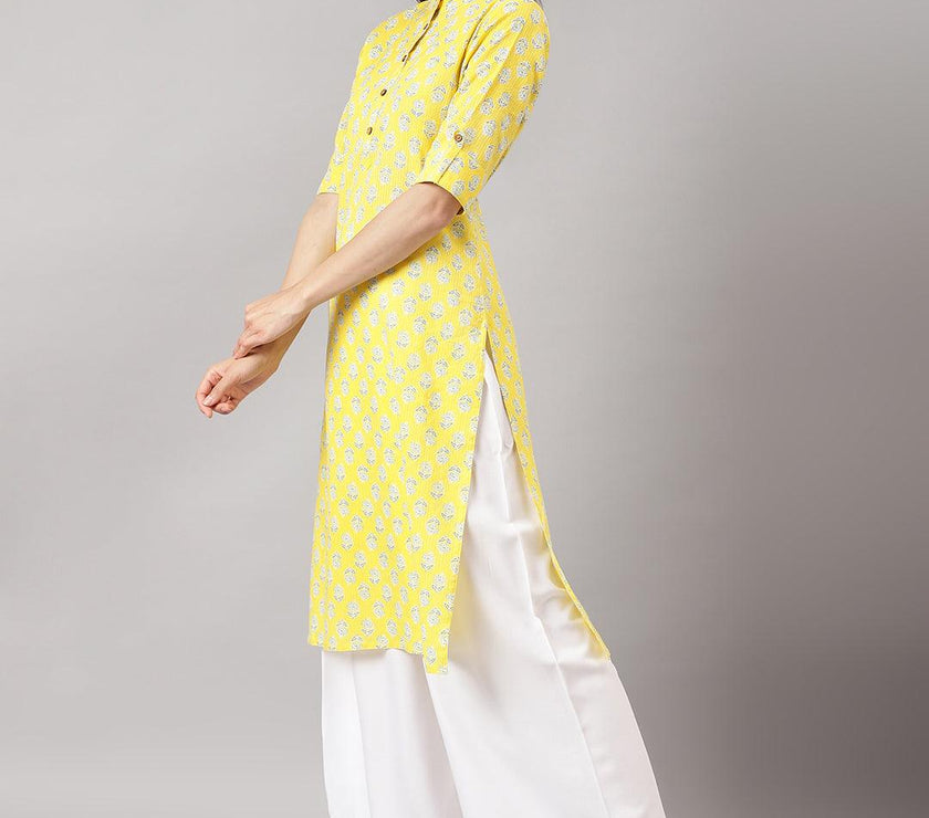 Divena Yellow Cotton Katha work Straight Kurta - divena world