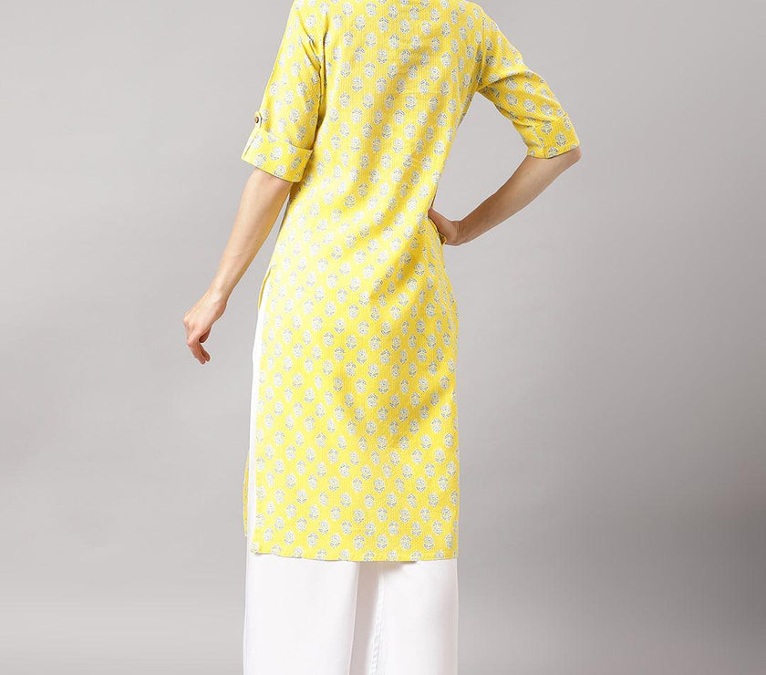 Divena Yellow Cotton Katha work Straight Kurta - divena world