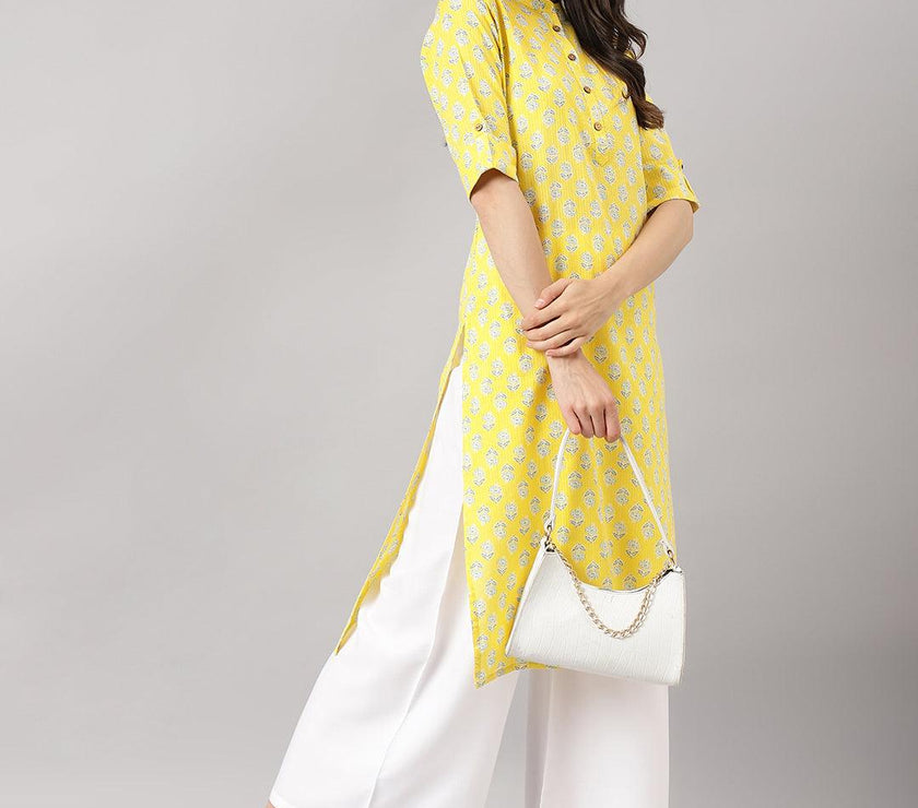 Divena Yellow Cotton Katha work Straight Kurta - divena world