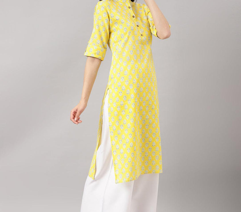 Divena Yellow Cotton Katha work Straight Kurta - divena world