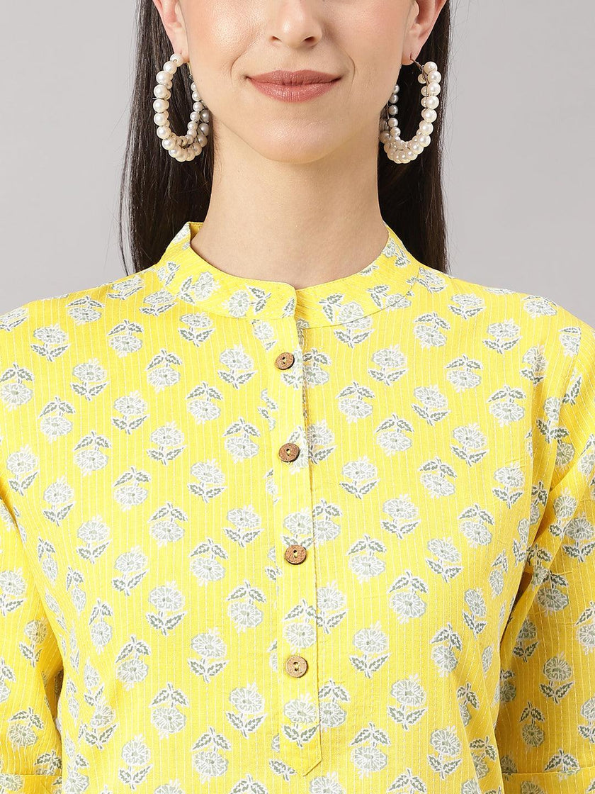 Divena Yellow Cotton Katha work Straight Kurta - divena world