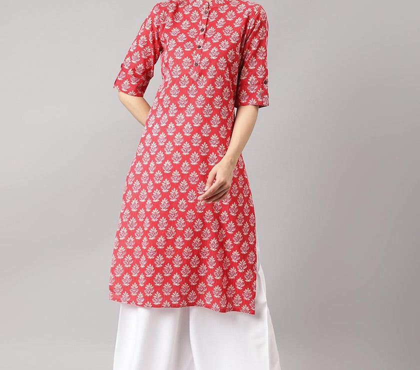 Divena Red Cotton Katha work Straight Kurta - divena world