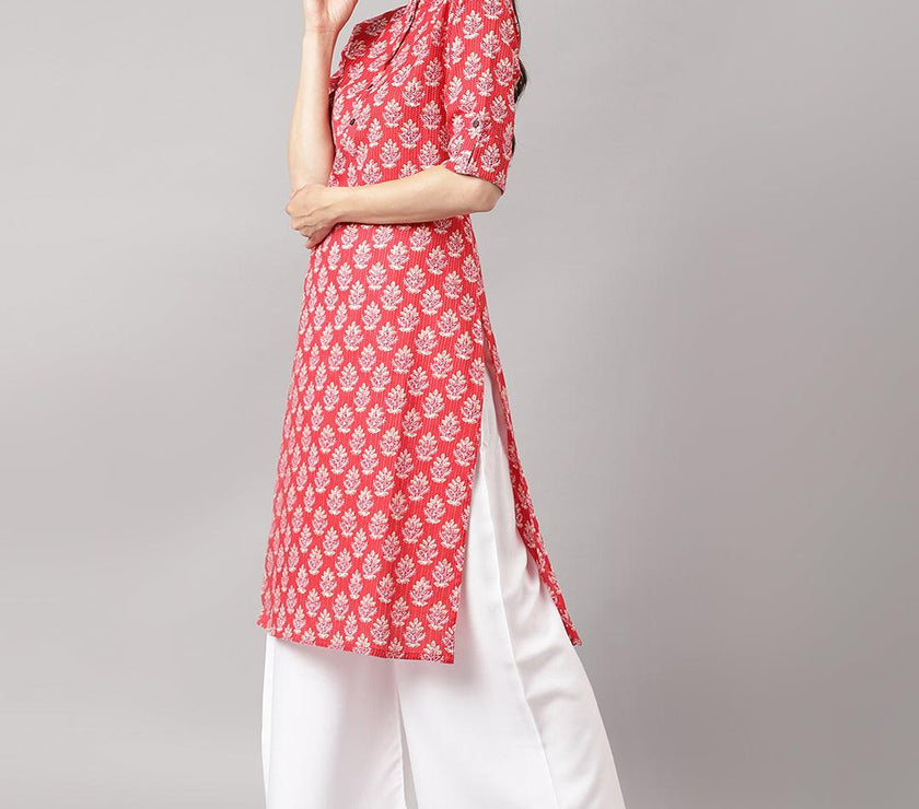 Divena Red Cotton Katha work Straight Kurta - divena world