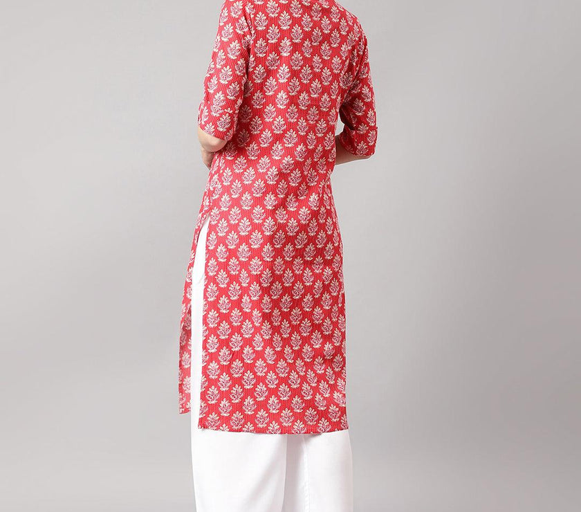 Divena Red Cotton Katha work Straight Kurta - divena world