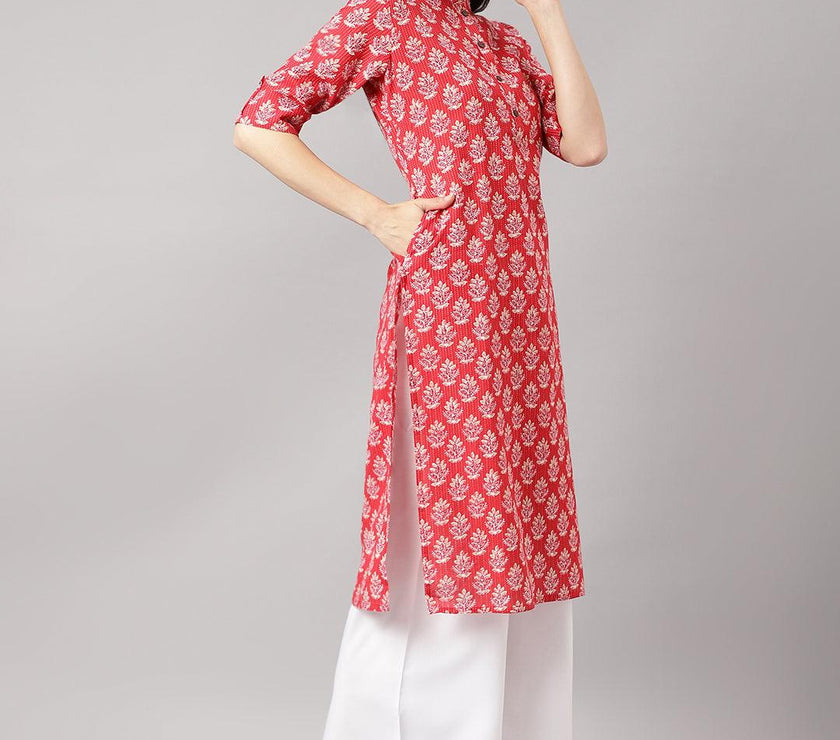 Divena Red Cotton Katha work Straight Kurta - divena world