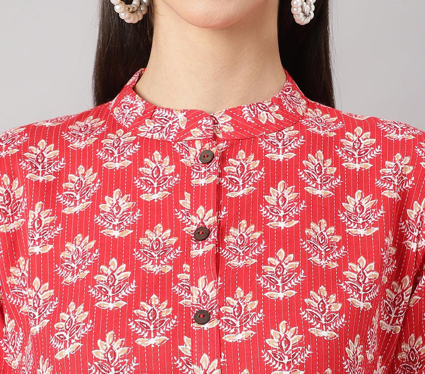 Divena Red Cotton Katha work Straight Kurta - divena world