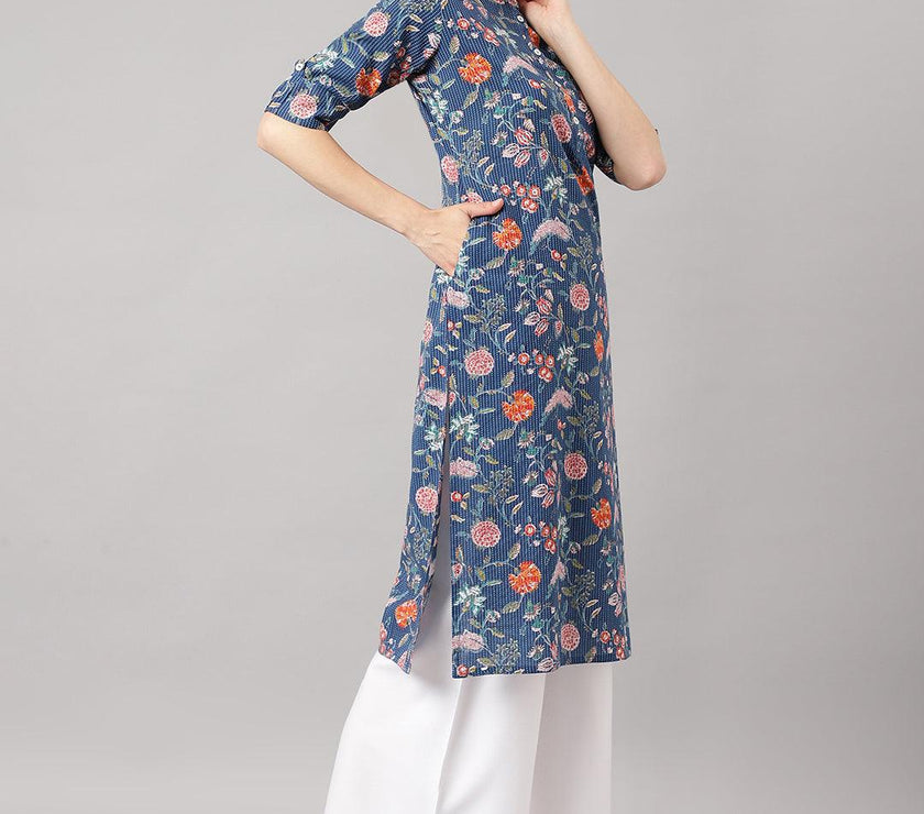 Divena Blue and Orange Cotton Katha work Straight Kurta - divena world