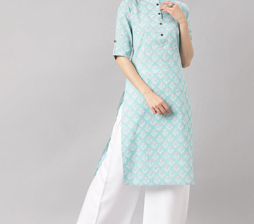 Divena Sea Green Cotton Katha work Straight Kurta - divena world