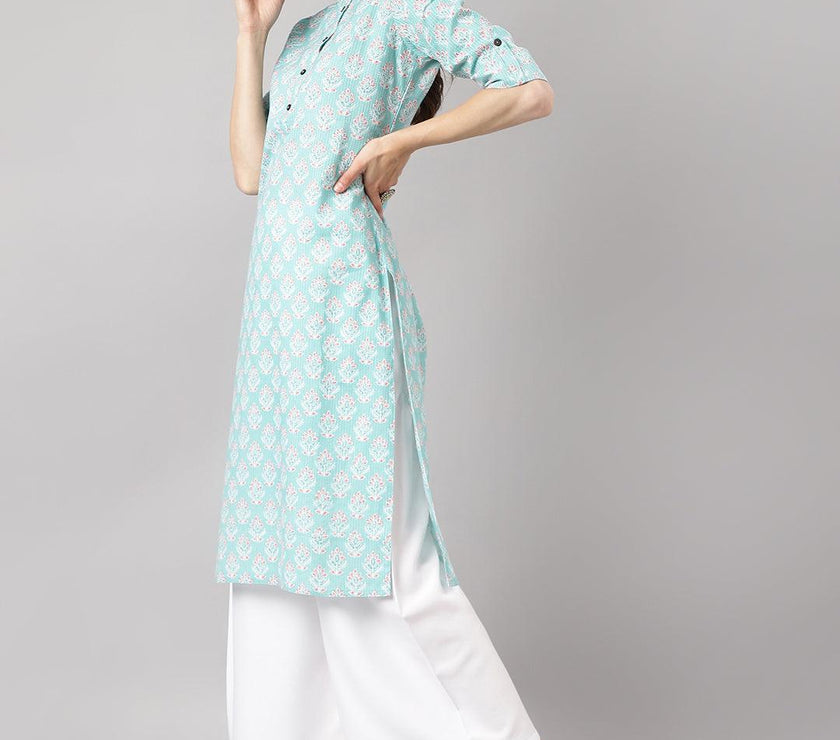 Divena Sea Green Cotton Katha work Straight Kurta - divena world