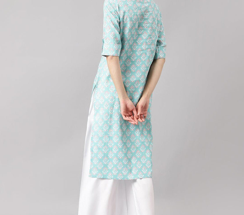 Divena Sea Green Cotton Katha work Straight Kurta - divena world