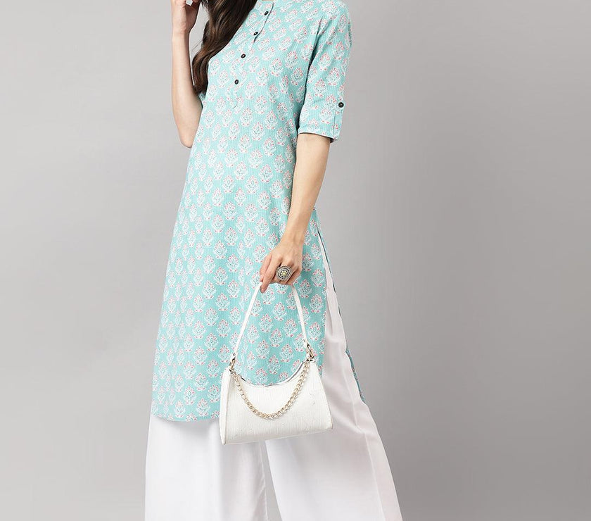 Divena Sea Green Cotton Katha work Straight Kurta - divena world