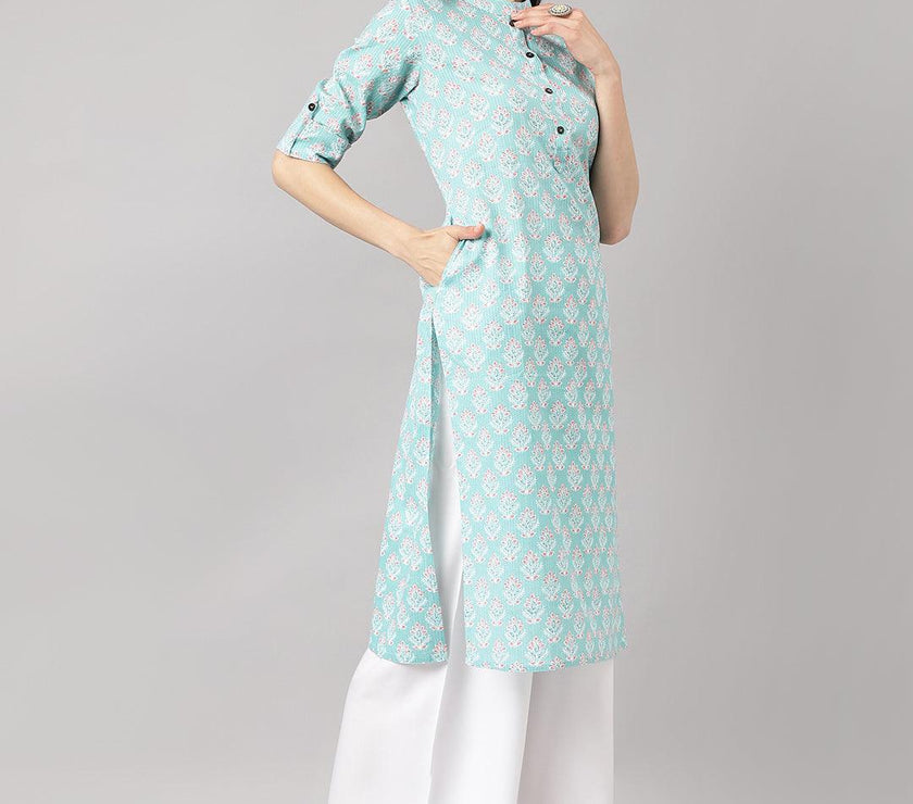 Divena Sea Green Cotton Katha work Straight Kurta - divena world