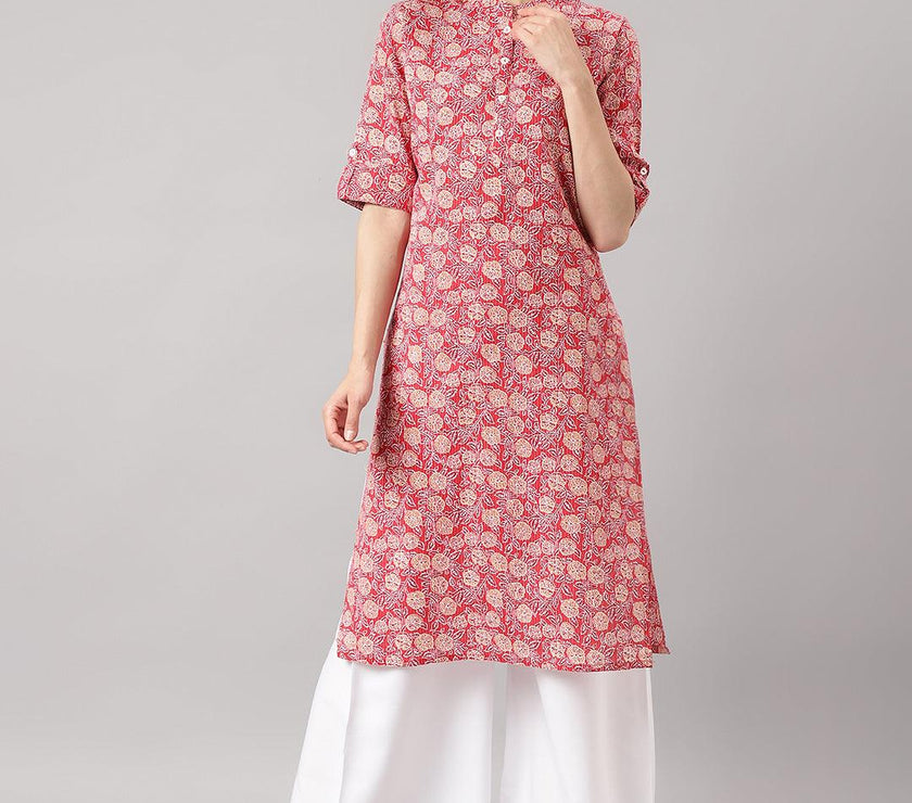 Divena Red and Beige Cotton Katha work Straight Kurta - divena world