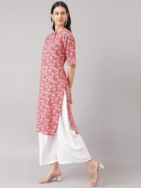 Divena Red and Beige Cotton Katha work Straight Kurta - divena world