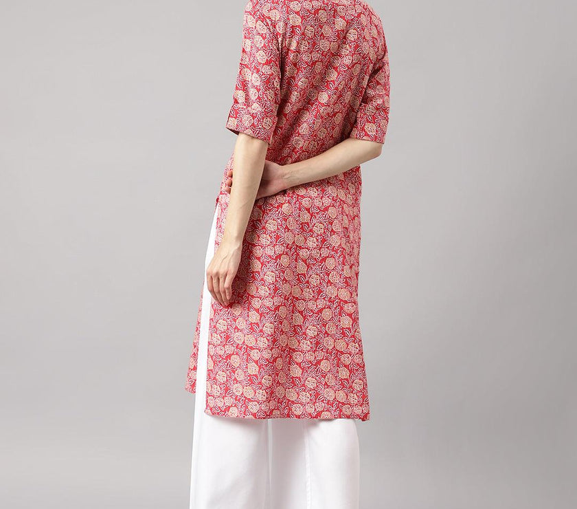 Divena Red and Beige Cotton Katha work Straight Kurta - divena world