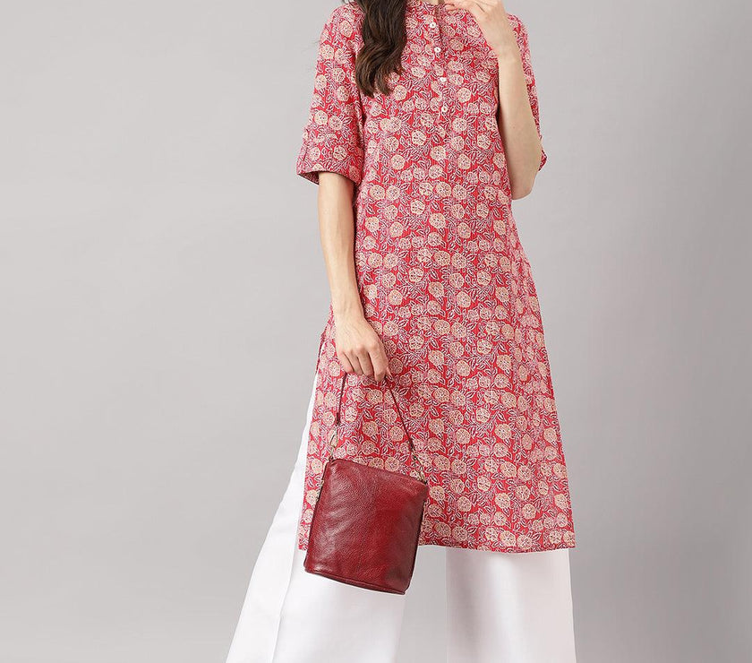 Divena Red and Beige Cotton Katha work Straight Kurta - divena world