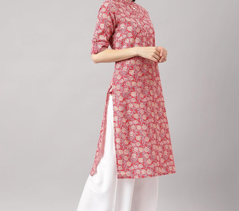 Divena Red and Beige Cotton Katha work Straight Kurta - divena world