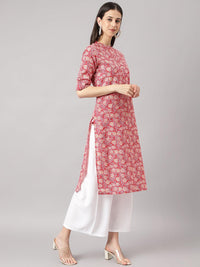 Divena Red and Beige Cotton Katha work Straight Kurta - divena world