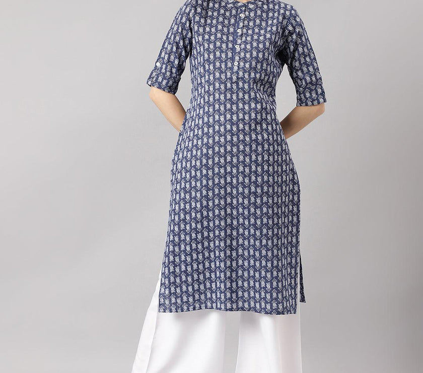 Divena Blue and Gray Cotton Katha work Straight Kurta - divena world