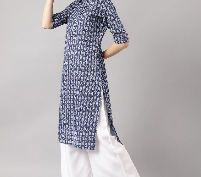 Divena Blue and Gray Cotton Katha work Straight Kurta - divena world