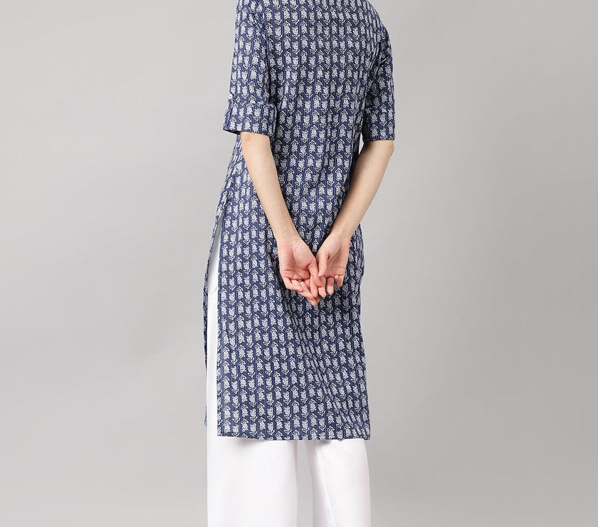 Divena Blue and Gray Cotton Katha work Straight Kurta - divena world