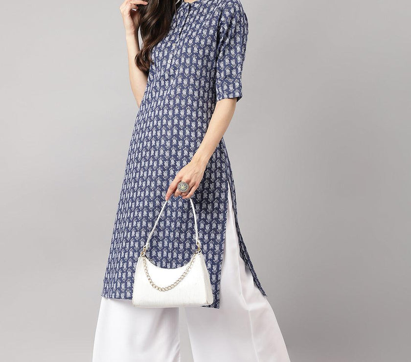 Divena Blue and Gray Cotton Katha work Straight Kurta - divena world