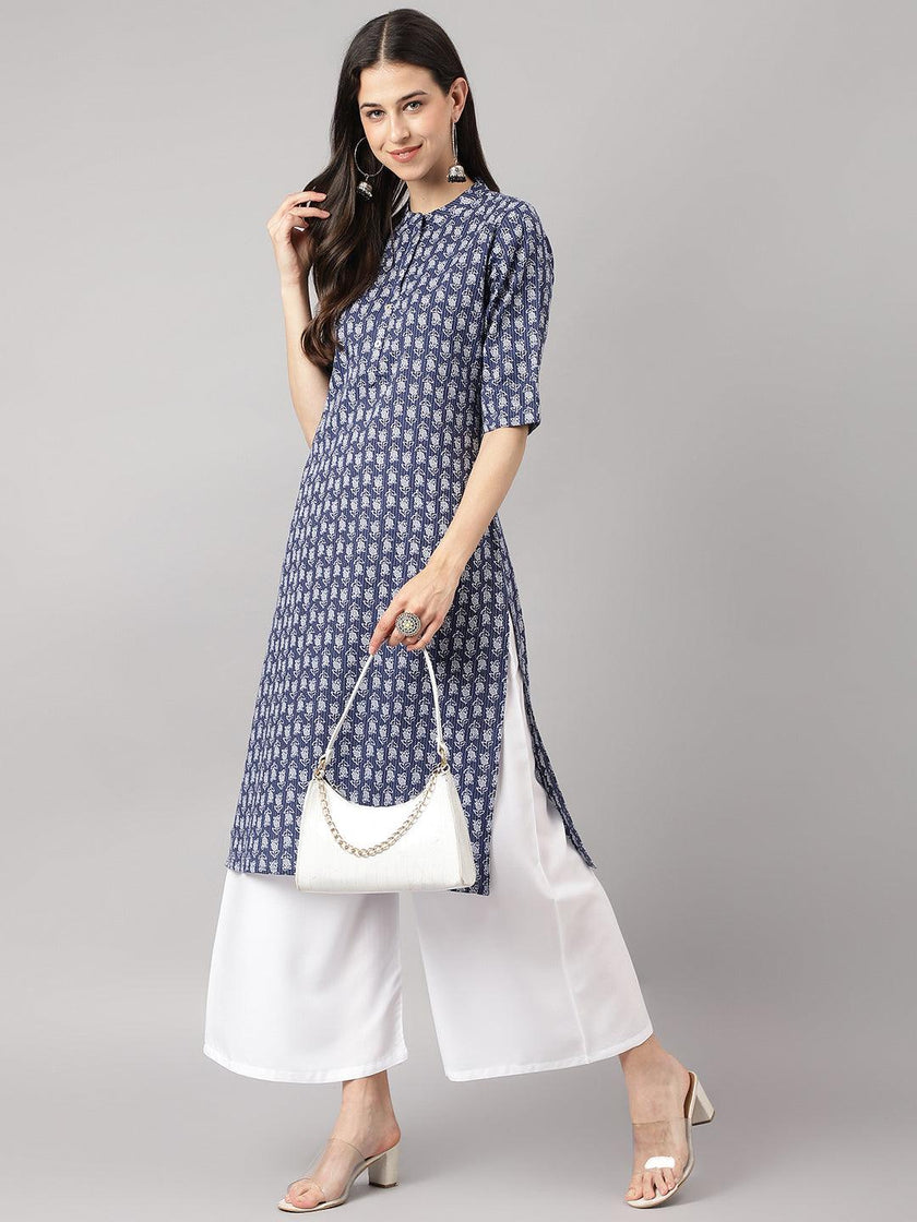 Divena Blue and Gray Cotton Katha work Straight Kurta - divena world