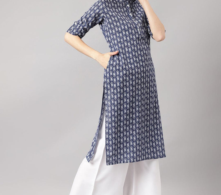 Divena Blue and Gray Cotton Katha work Straight Kurta - divena world