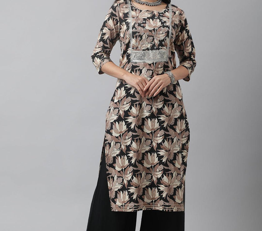 Divena Black Cotton Floral Straight Kurta - divena world