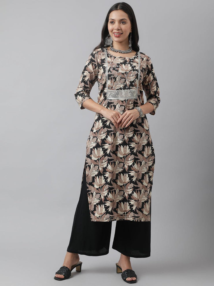 Divena Black Cotton Floral Straight Kurta - divena world