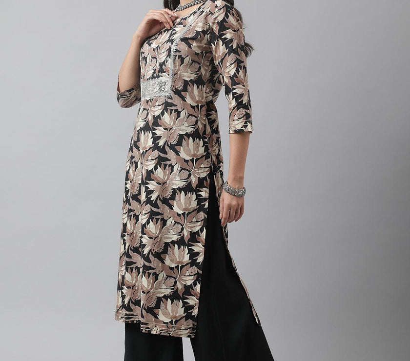 Divena Black Cotton Floral Straight Kurta - divena world