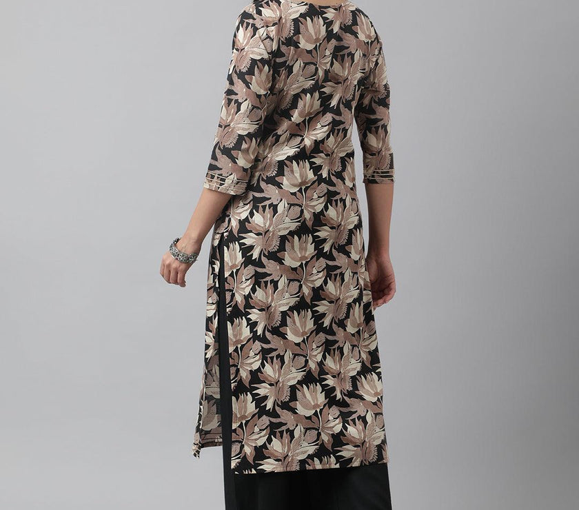 Divena Black Cotton Floral Straight Kurta - divena world