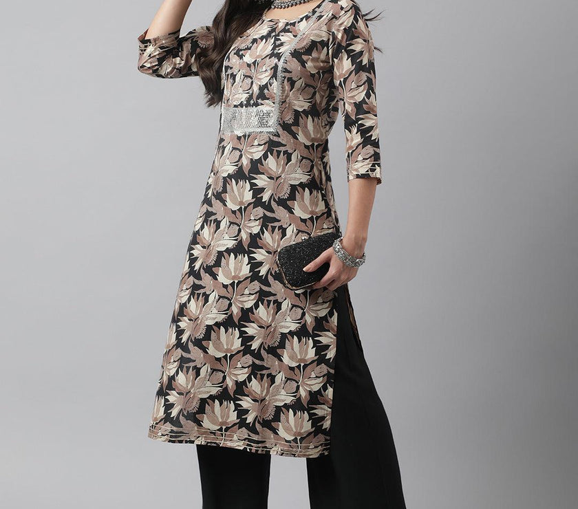 Divena Black Cotton Floral Straight Kurta - divena world