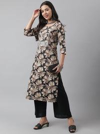 Divena Black Cotton Floral Straight Kurta - divena world