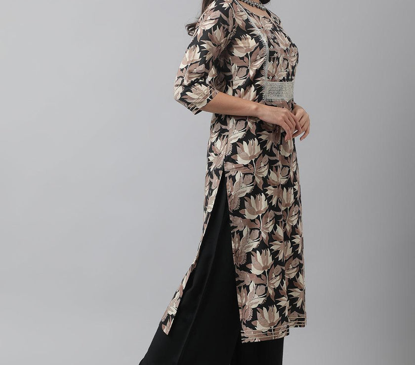 Divena Black Cotton Floral Straight Kurta - divena world