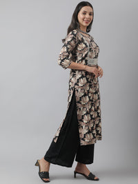 Divena Black Cotton Floral Straight Kurta - divena world