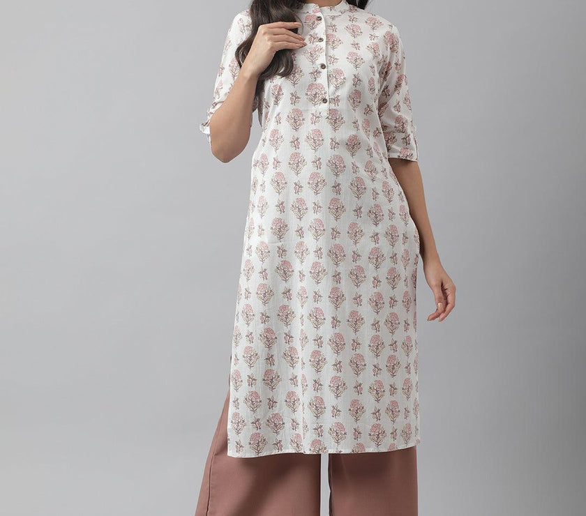 Divena White & Pink Floral Printed Straight Kurta - divena world