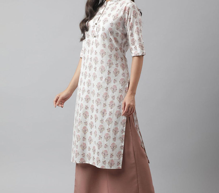 Divena White & Pink Floral Printed Straight Kurta - divena world